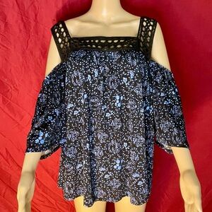 Floral Off/Cold Shoulder Short Bell Sleeve Crochet Boho Peasant Top 14/16W